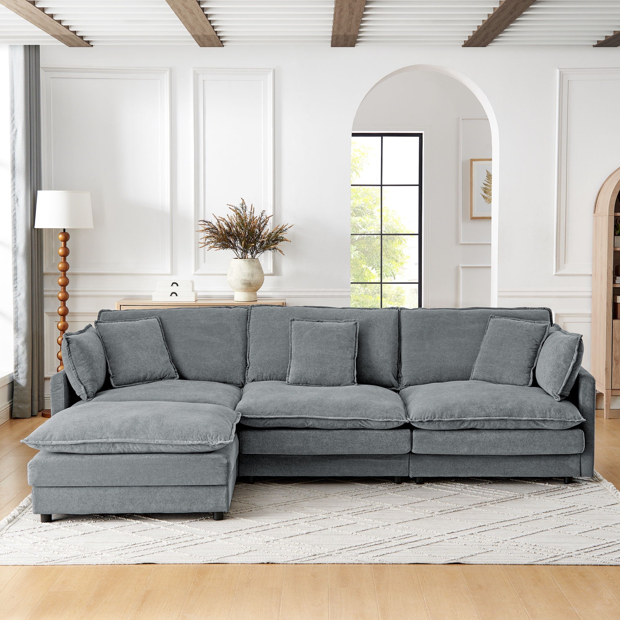 L-Shaped Sectional Sofa With Ottoman, Convertible 4 Seater Couch