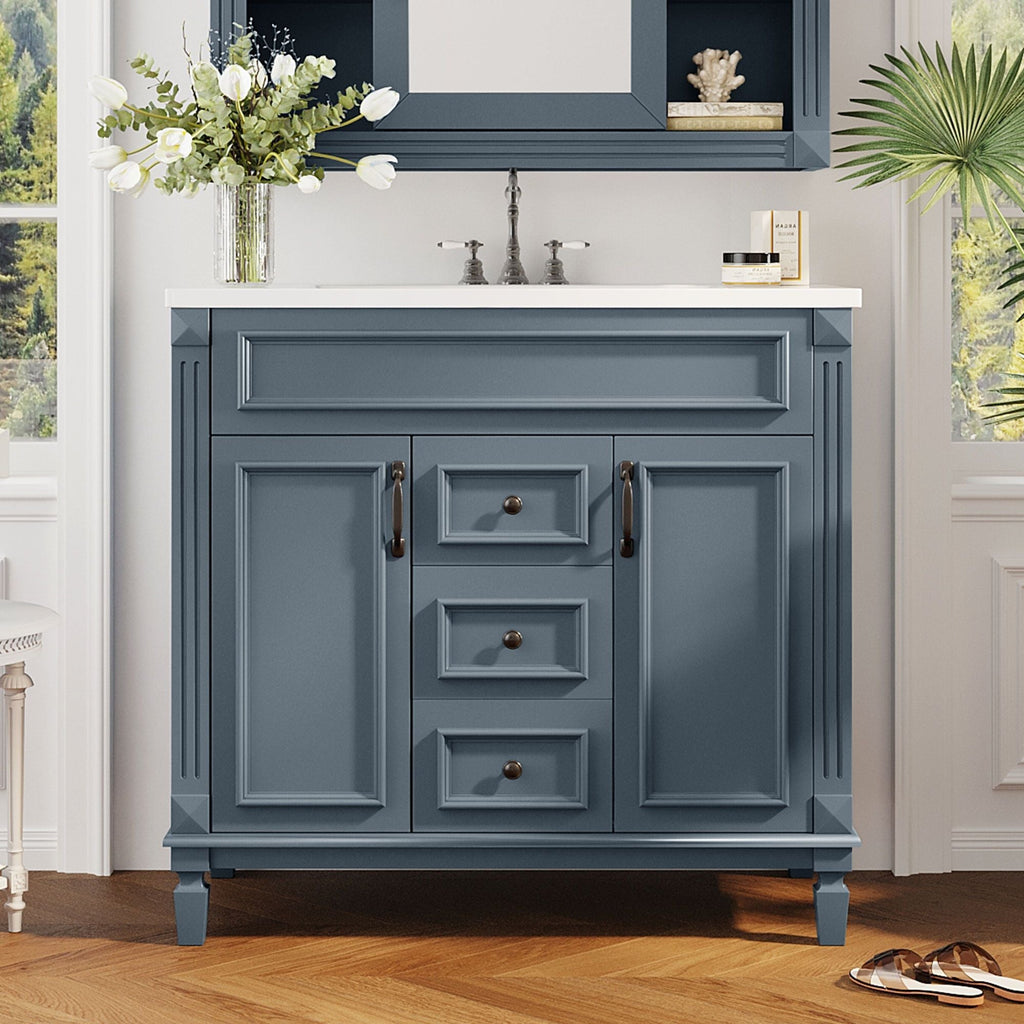 36" Bathroom Vanity With Top Sink, Basin On Cabinet With 2 Soft Closing Doors And 2 Drawers - Blue