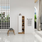 Tall Freestanding Bathroom Side Cabinet With Single Door & 4 Tier Open Shelves - Black / Light Oak / White