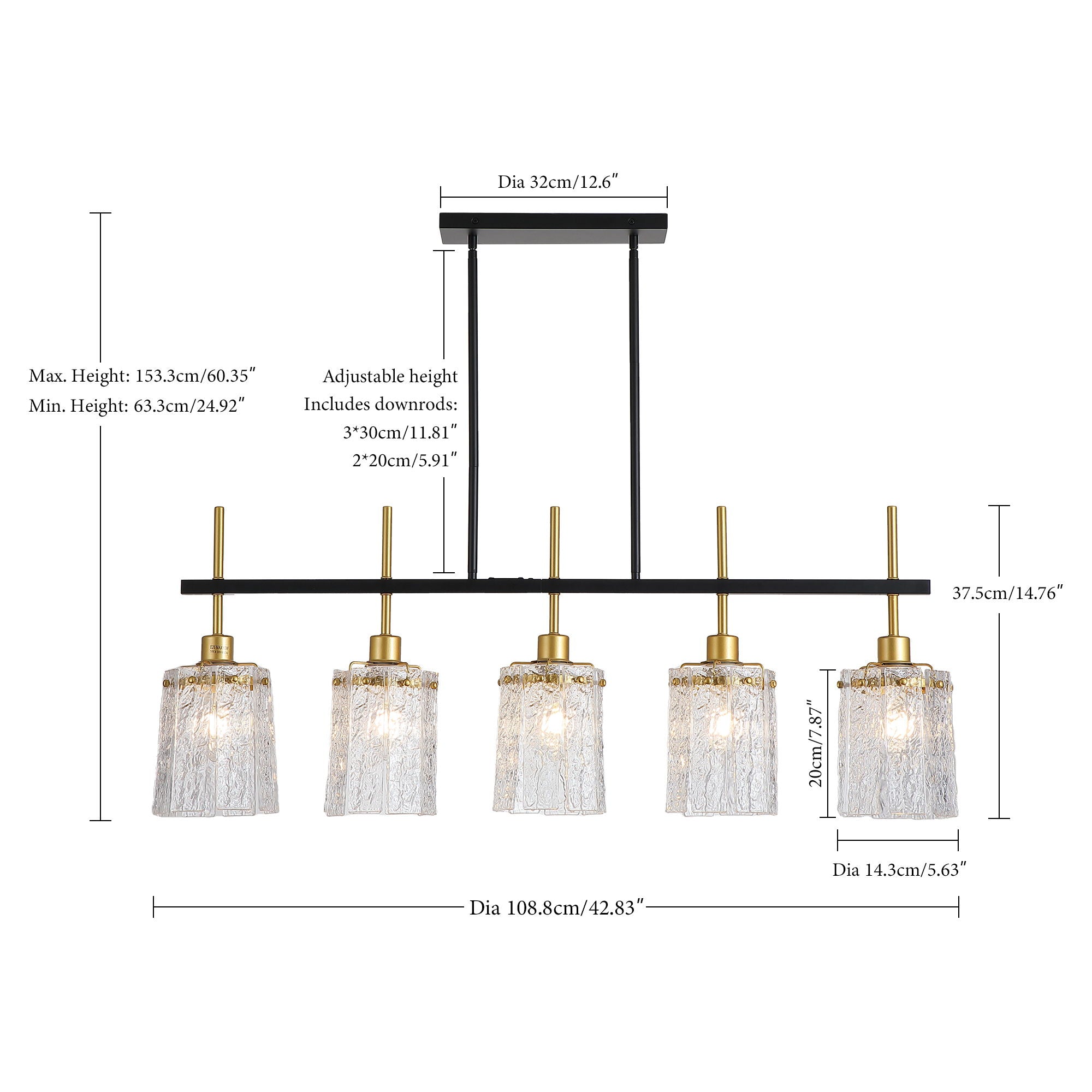 Chandelier 5 Light, Fixture Over Table - Black / Gold