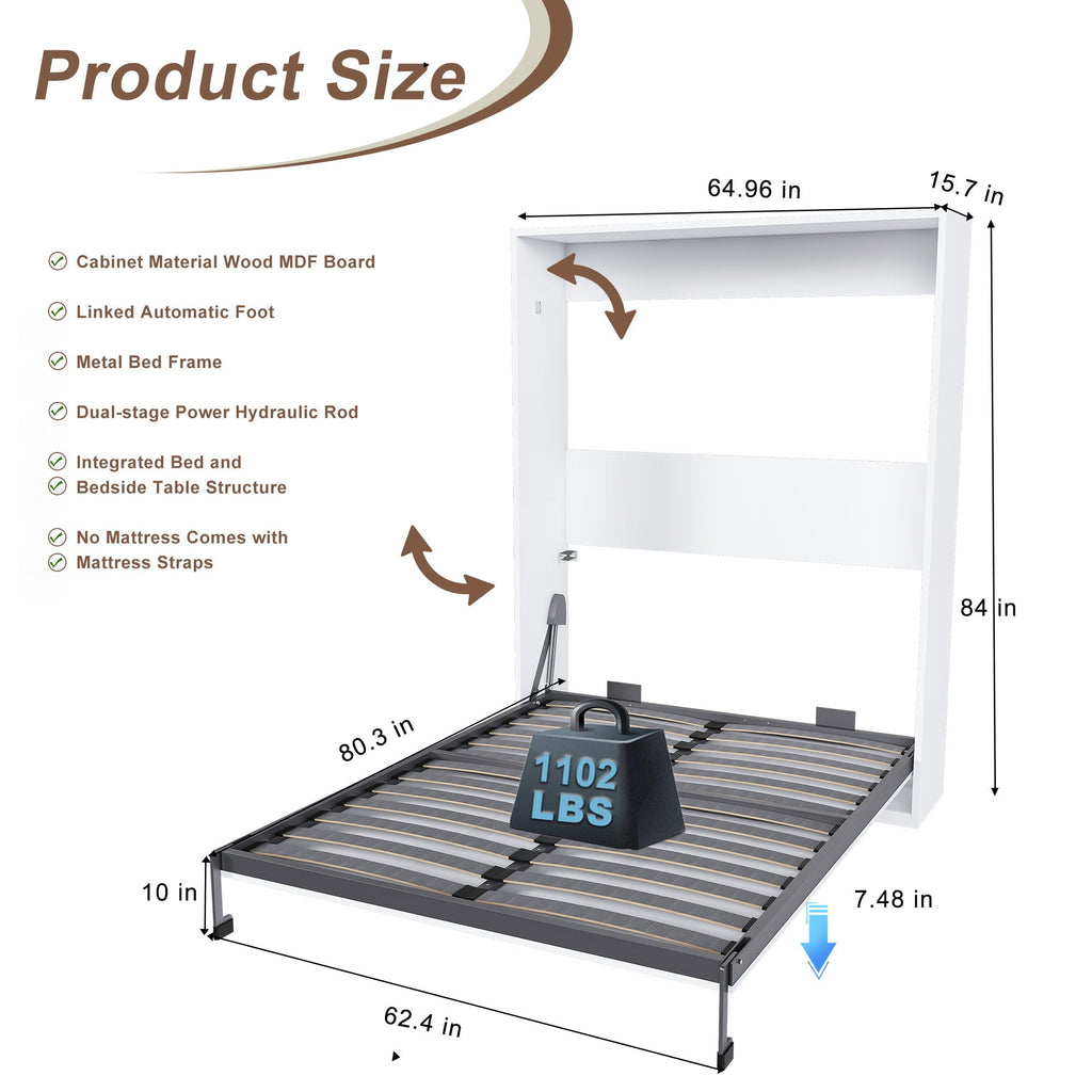 Queen Murphy Bed, Foldable Wall Bed, Space Saving Design For Bedrooms - White