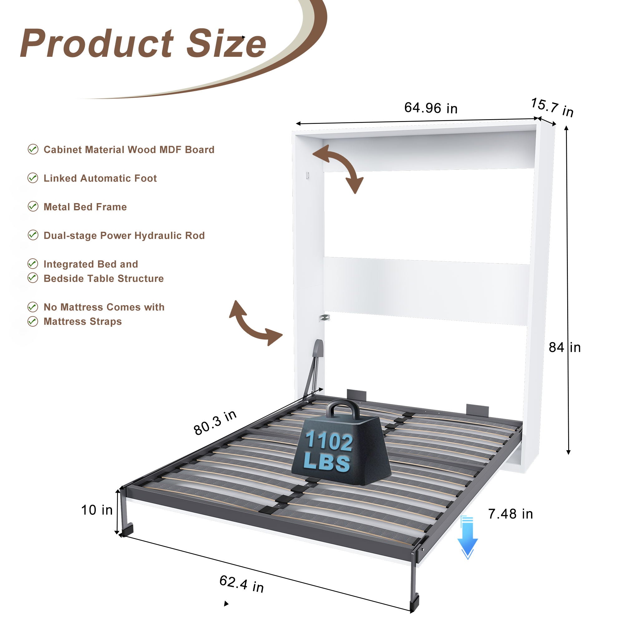Queen Murphy Bed, Foldable Wall Bed, Space Saving Design For Bedrooms - White