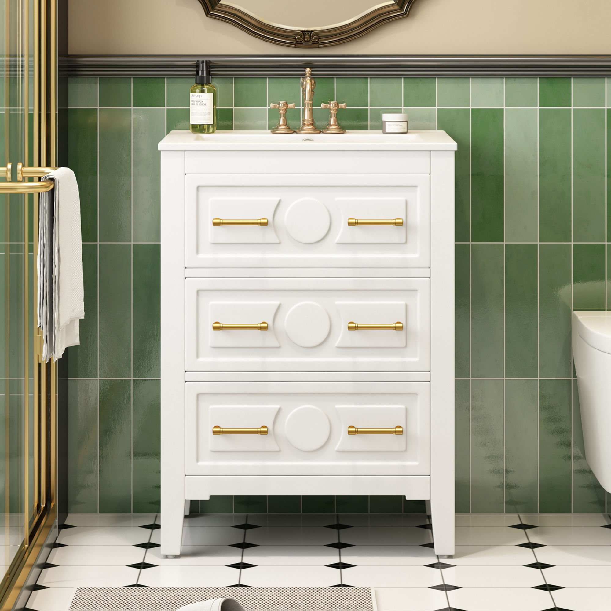 Bathroom Vanity With Sink, Free Standing Single Set, 3 Drawer Storage Cabinet