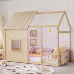 House Floor Bed With 7 Color LED Light, Built In Bookshelf