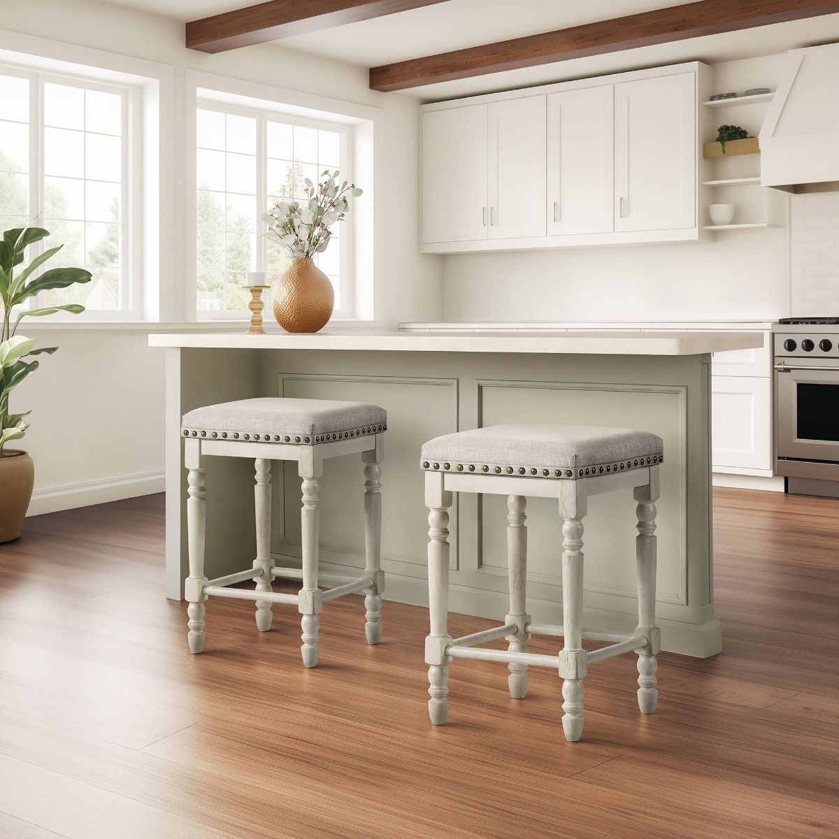Tasnim - Counter Height Stool (Set of 2) - Tan Fabric & Antique White