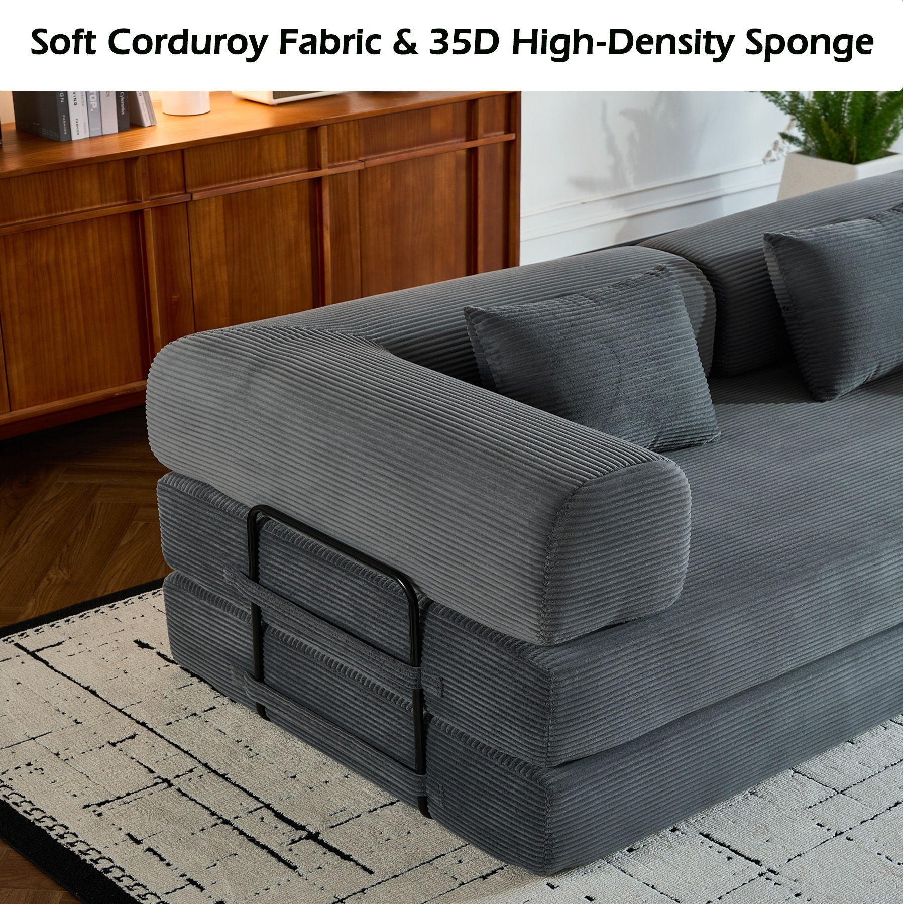 Convertible Sleeper Sofa Bed With Cylindrical Pillow, With Fixed Shape Frame