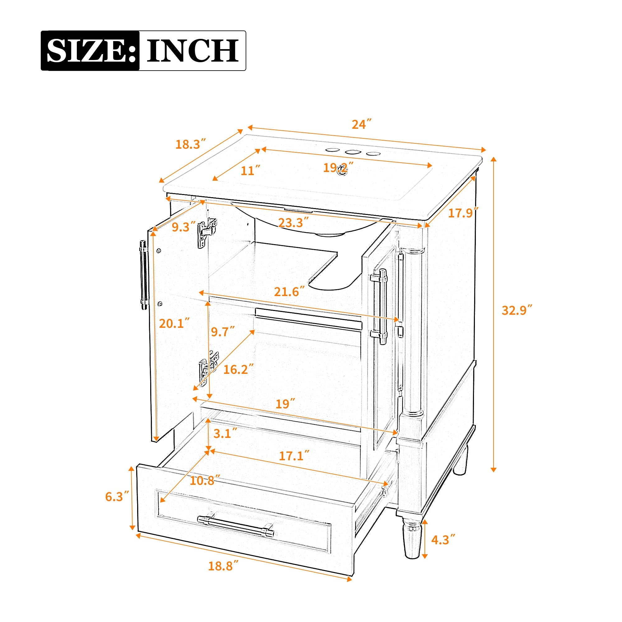Bathroom Vanity With Ornate French Cylinder Legs, Soft Close Drawer