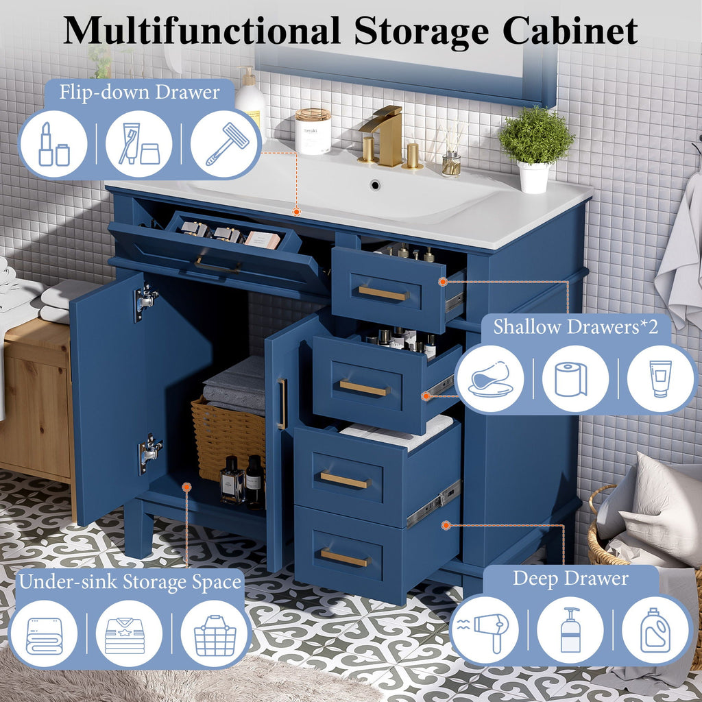 Bathroom Vanity With Ceramic Sink, Soft-Close Doors, 4 Storage Drawers - Blue