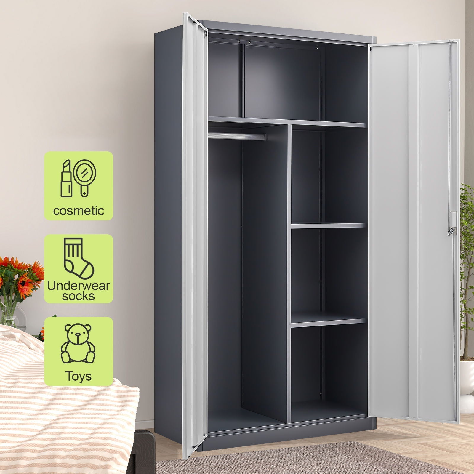 Wardrobe With Hanging Rod And Compartments, Lockable Closet With Locks & Keys For Bedroom - Gray