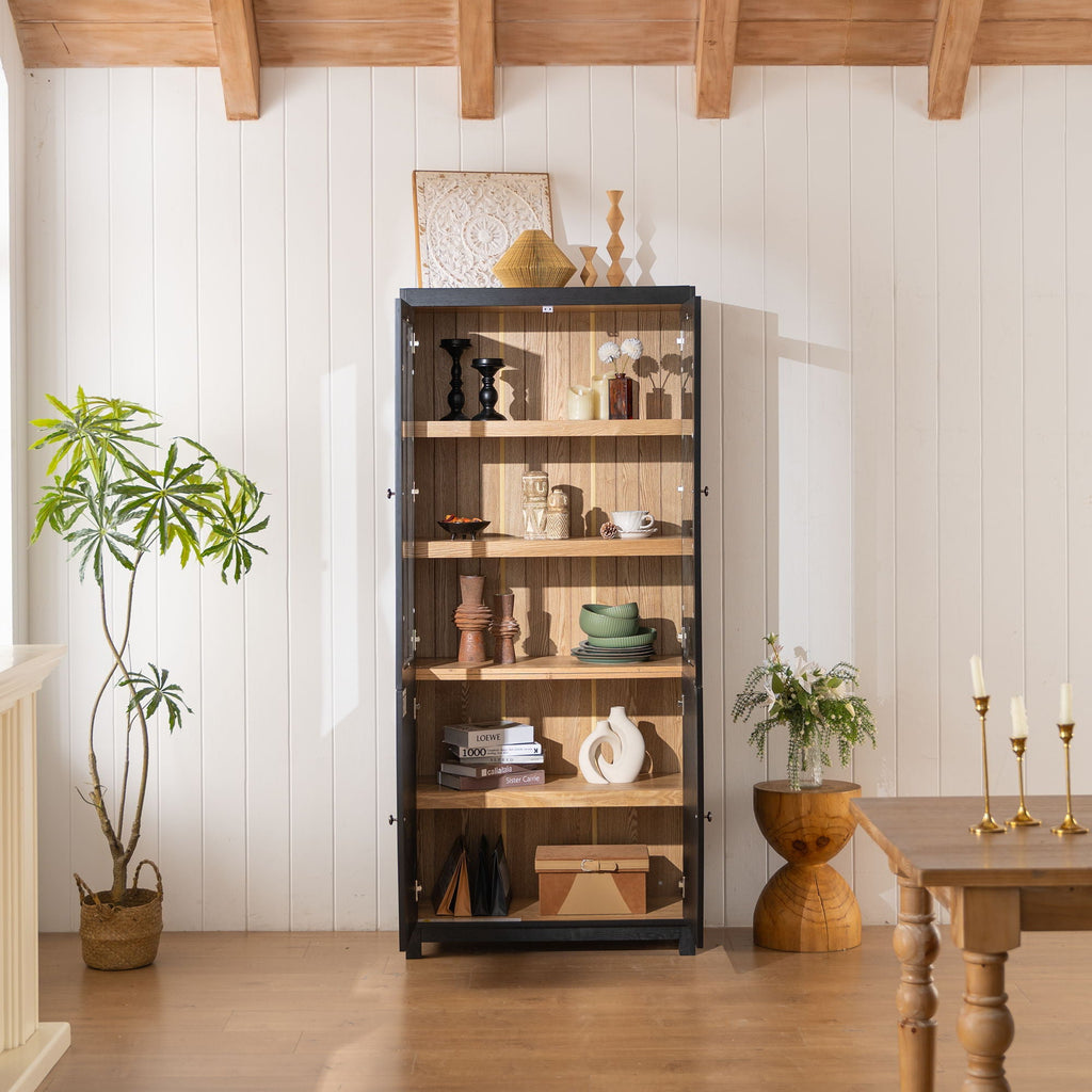 Style Tall Display Cabinet With Glass Doors For Collectibles - Black