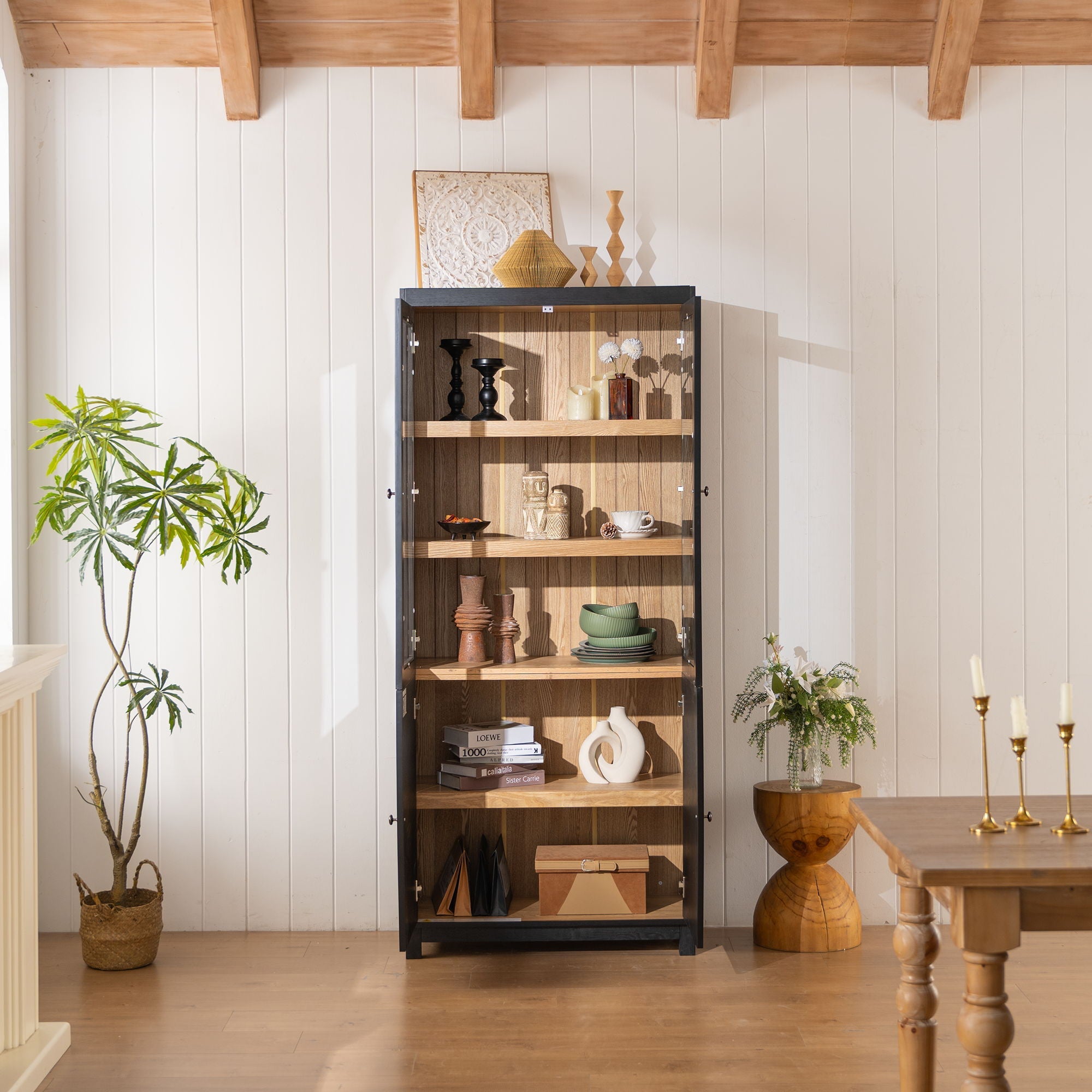 Style Tall Display Cabinet With Glass Doors For Collectibles - Black