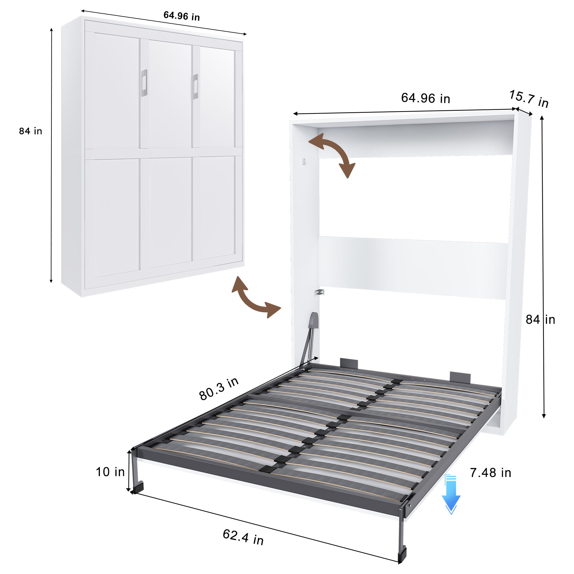 Queen Murphy Bed, Foldable Wall Bed, Space Saving Design For Bedrooms - White