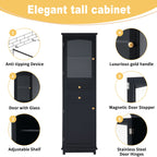 Tall Bathroom Storage Cabinet With Glass Doors, Free-Standing, Two Drawers, And Adjustable Shelves, Board, Painted Perfect For Displaying Your Favorite Items