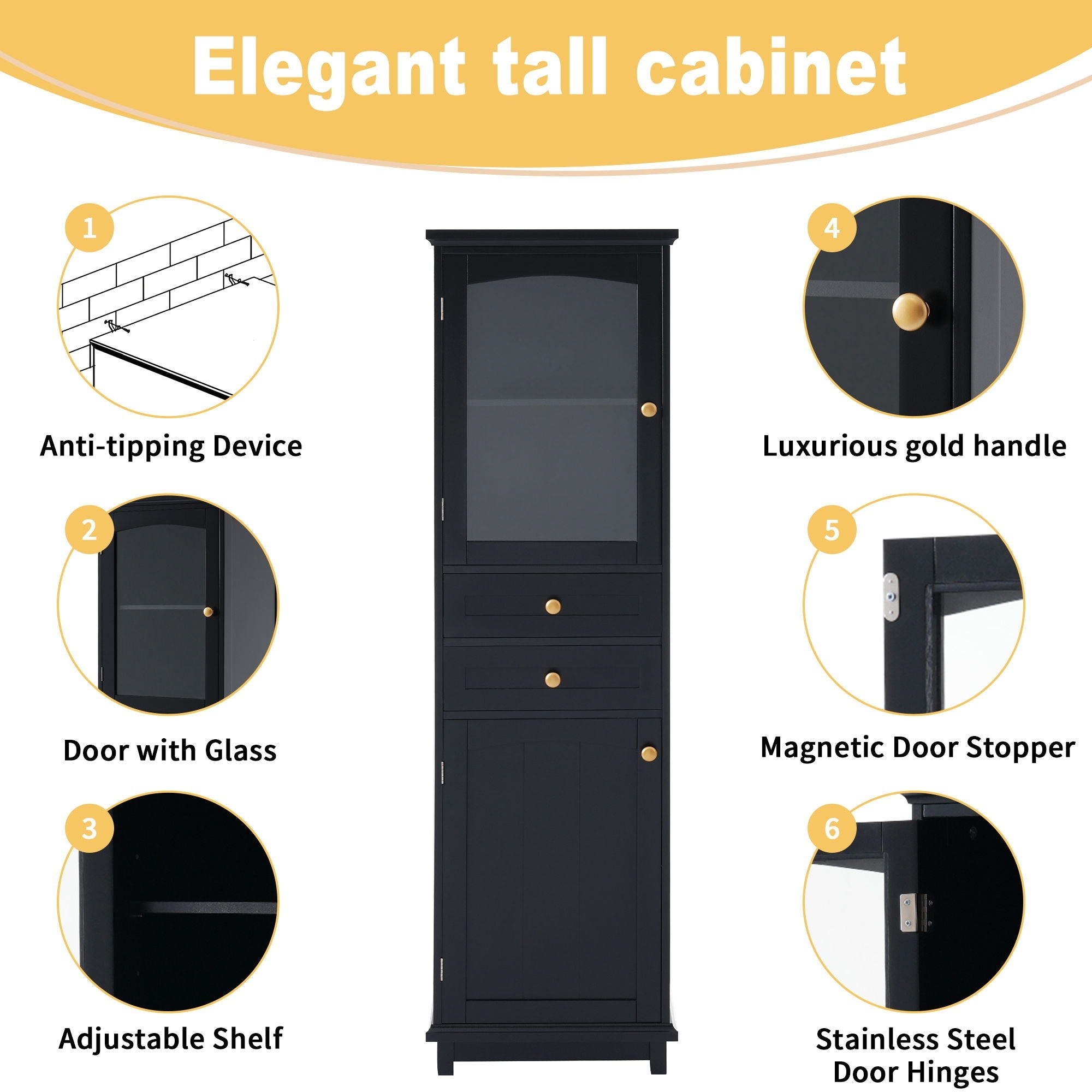 Tall Bathroom Storage Cabinet With Glass Doors, Free-Standing, Two Drawers, And Adjustable Shelves, Board, Painted Perfect For Displaying Your Favorite Items