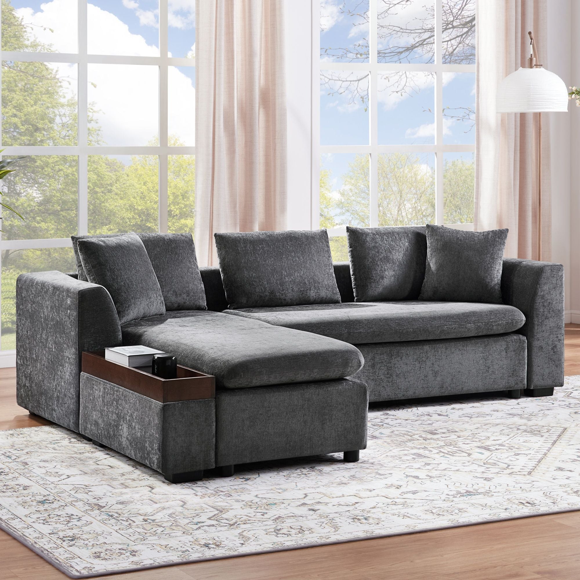 Modern L Shaped Sectional Sofa With Upholstery And Wooden Storage