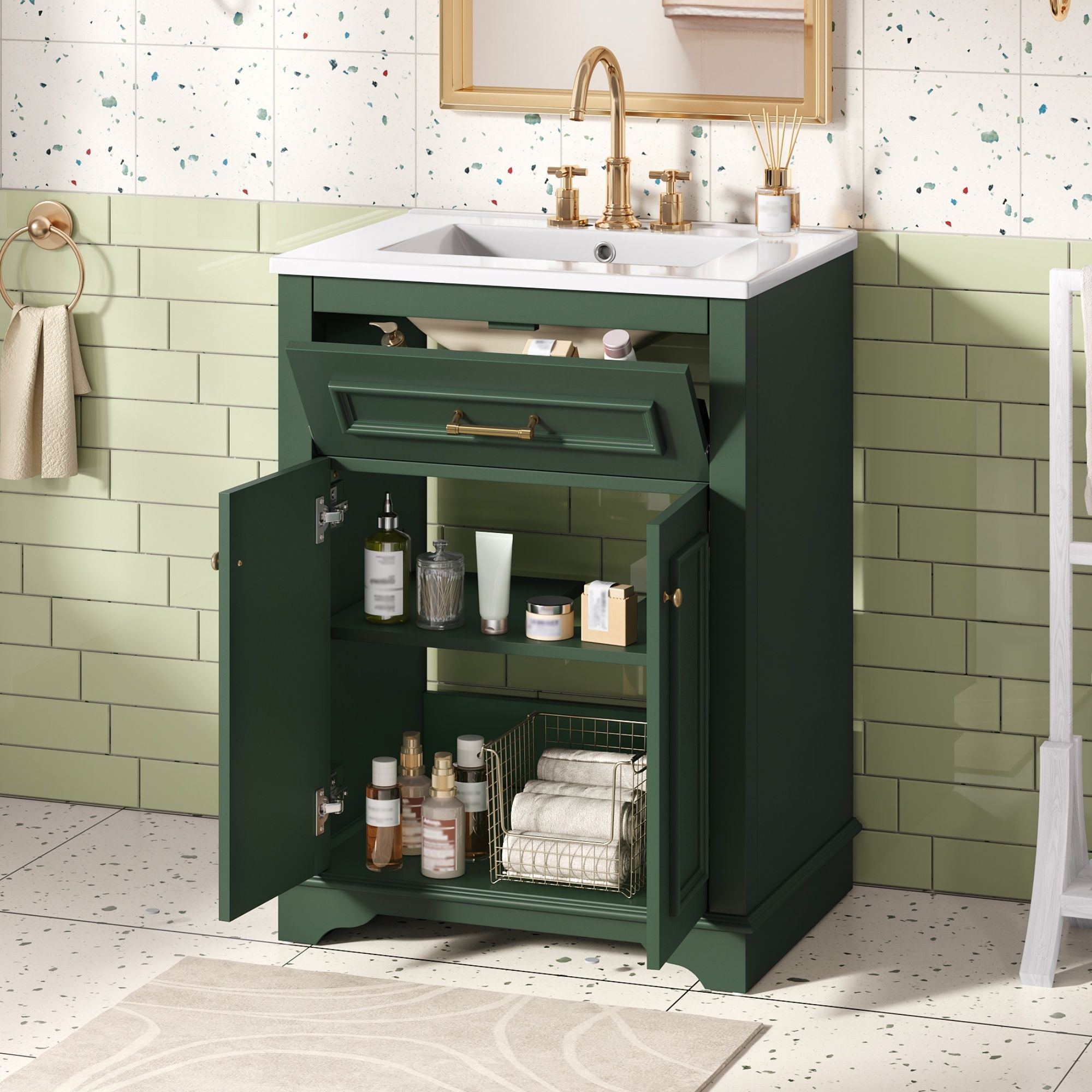Bathroom Vanity With Integrated Sink, 2 Door Cabinet With Tip Out Drawer, Rectangular Design