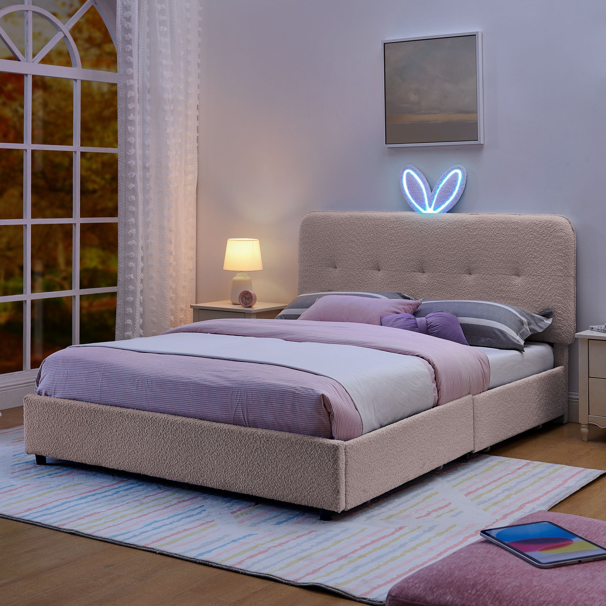 Upholstered Bed With Oversized Rabbit Ear Headboard, LED Lights & 4 Storage Drawers