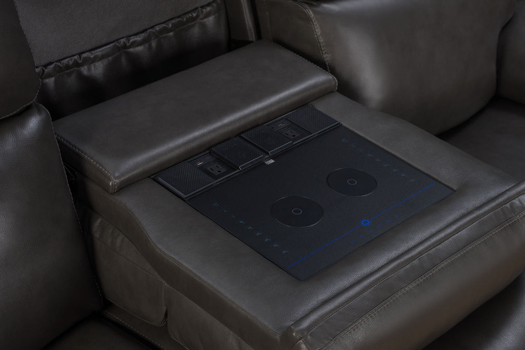 Leon - Power Sofa Recliner With Power Headrest, Power Lumbar, Heat And Massage (Dropdown Table With Smart Tabletop Control) - Smokey Gray