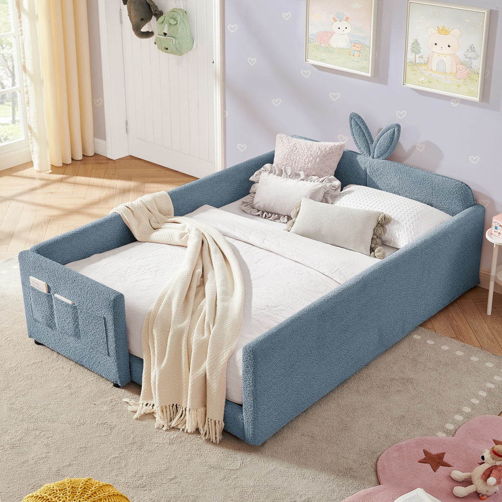 Cute Rabbit Ear Upholstered Platform Bed Frame With Safety Rail