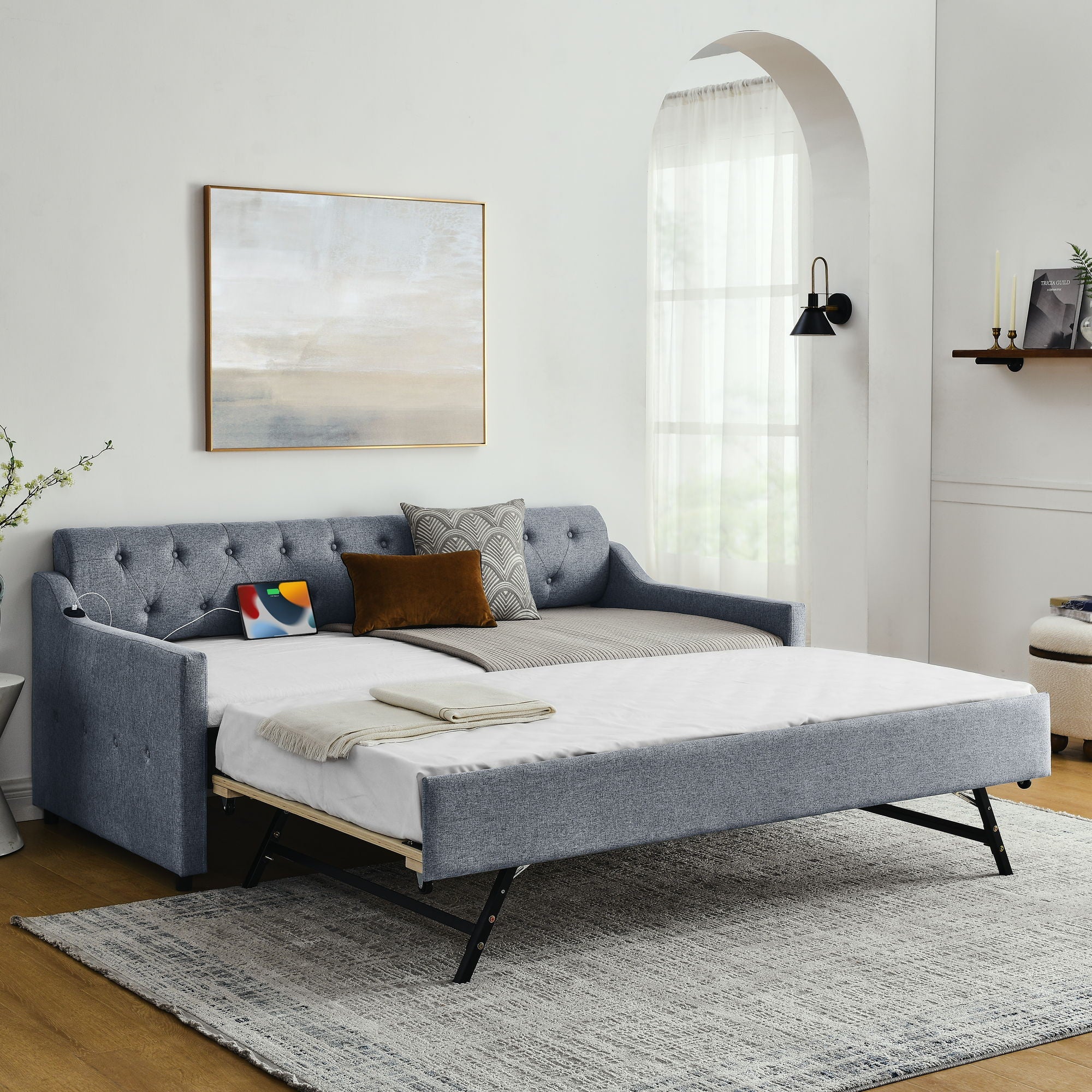 Size Upholstered Daybed With Trundle And USB Charging Armrest