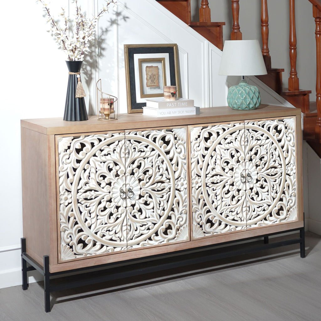 Carved 4 Door Cabinet, Storage Sideboard For Living Room - Multi