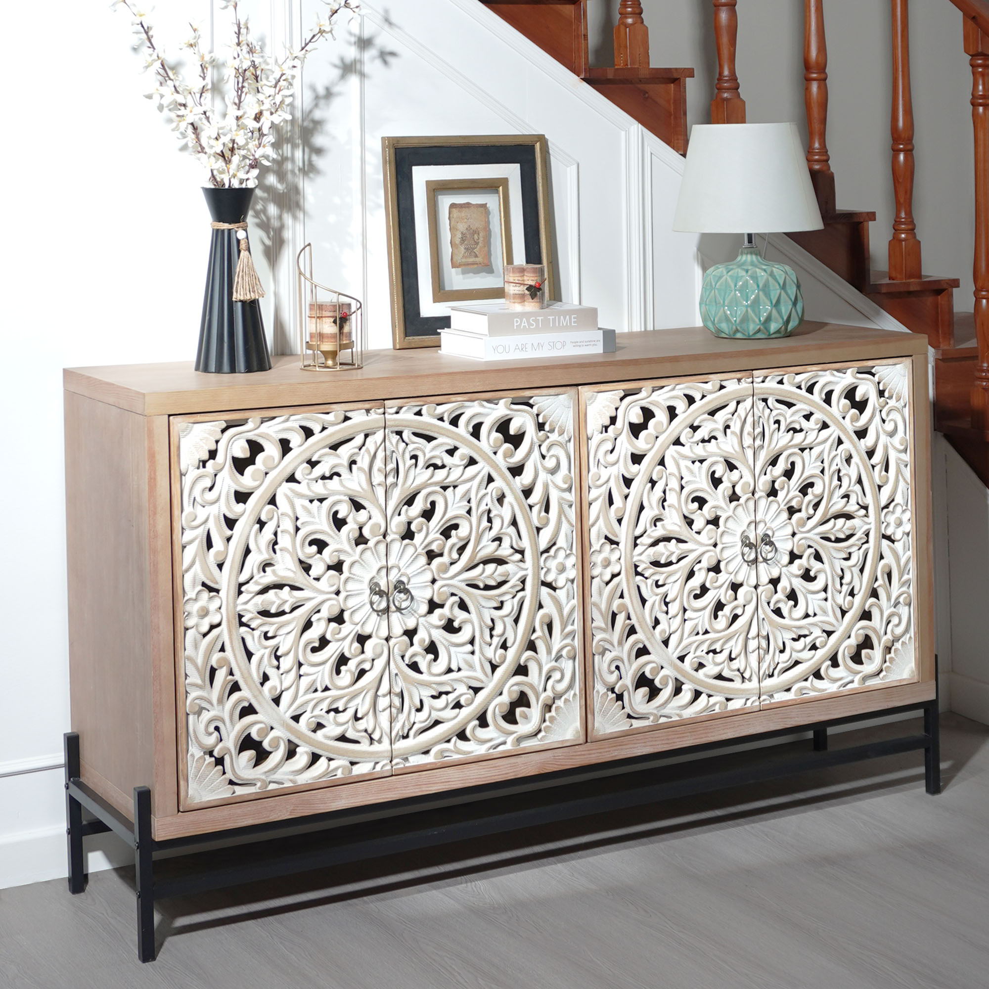 Carved 4 Door Cabinet, Storage Sideboard For Living Room - Multi