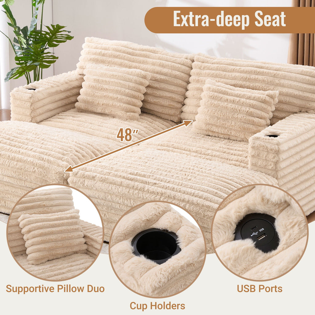 Oversized Double Chaise Lounge Sofa Bed With USB Ports And Cup Holders