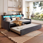 Twin Size Daybed With Trundle With LED Light ＆ Charging Station - Dark Gray