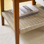 Mid - Century Square Side Table With Woven Shelf - Walnut