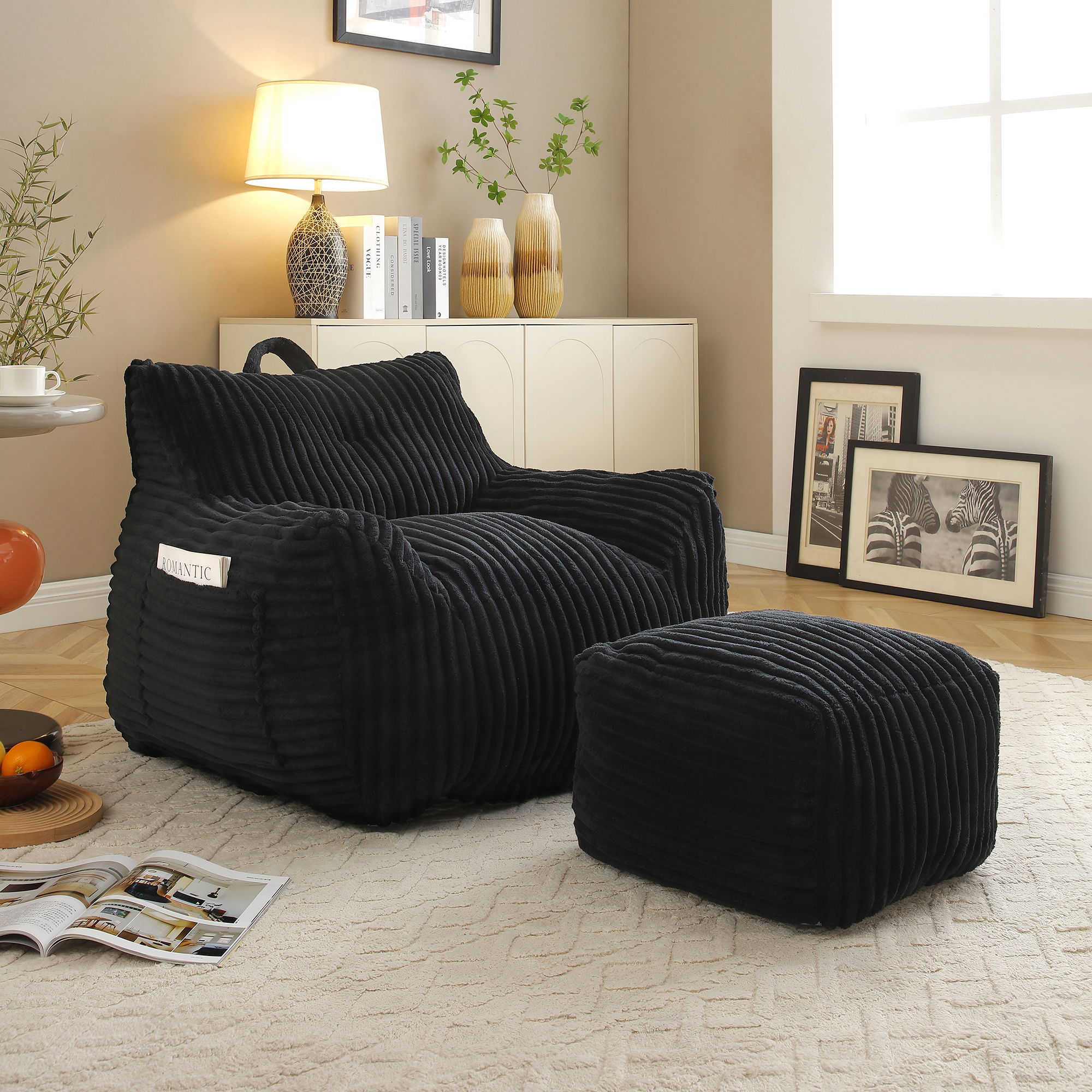 Giant Bean Bag Chair With Armrests And Footstool