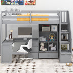 Loft Bed With L Shaped Desk, Drawers, Cabinet, And Storage Staircase
