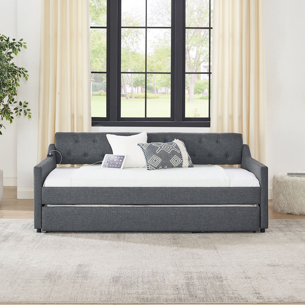 Size Upholstered Daybed With Trundle And USB Charging Armrest