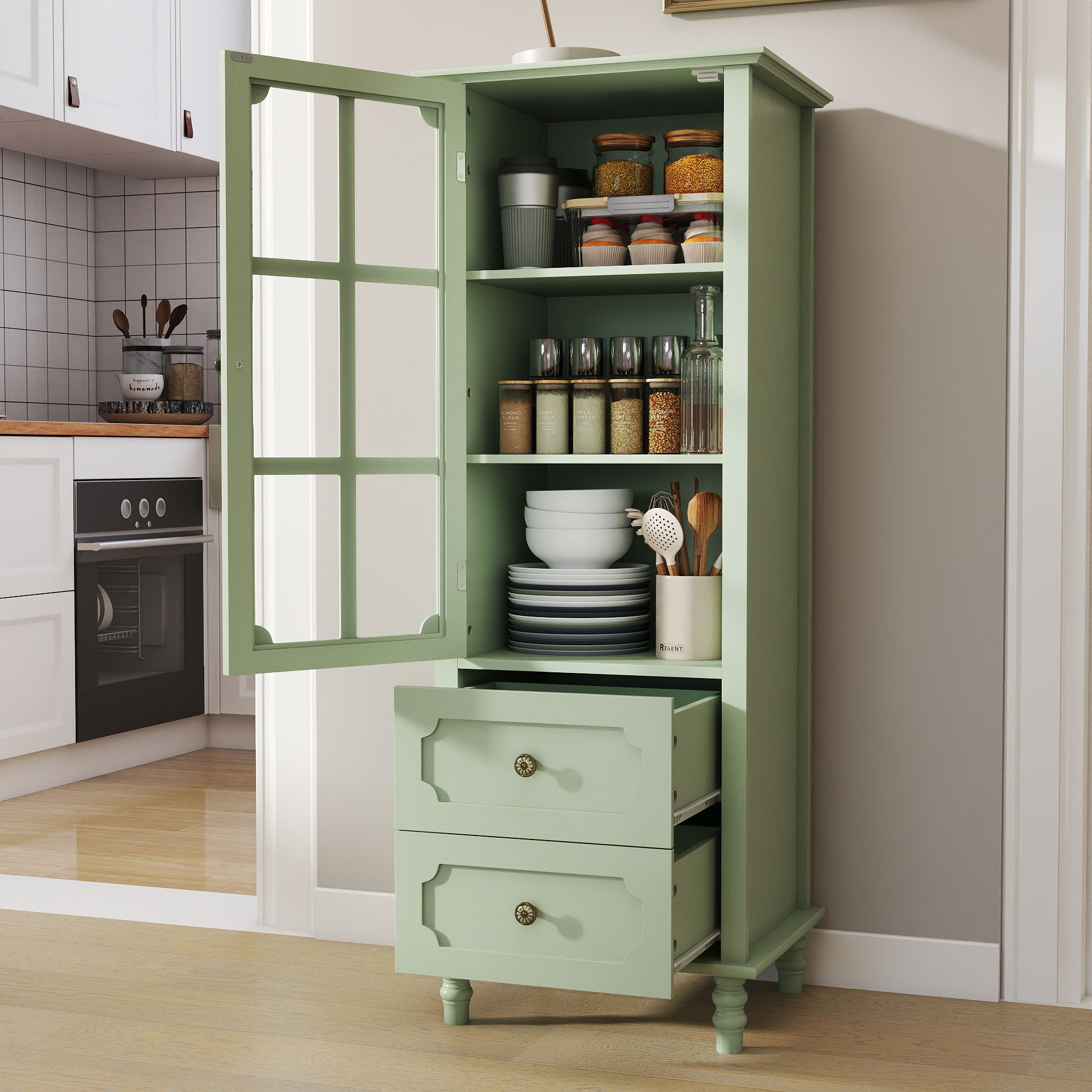Minimalism Buffet Cabinet With Glass Doors And Double Drawer