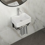Rectangular Bathroom Sink With Towel Bar & Faucet Hole, Wall Mounted - White
