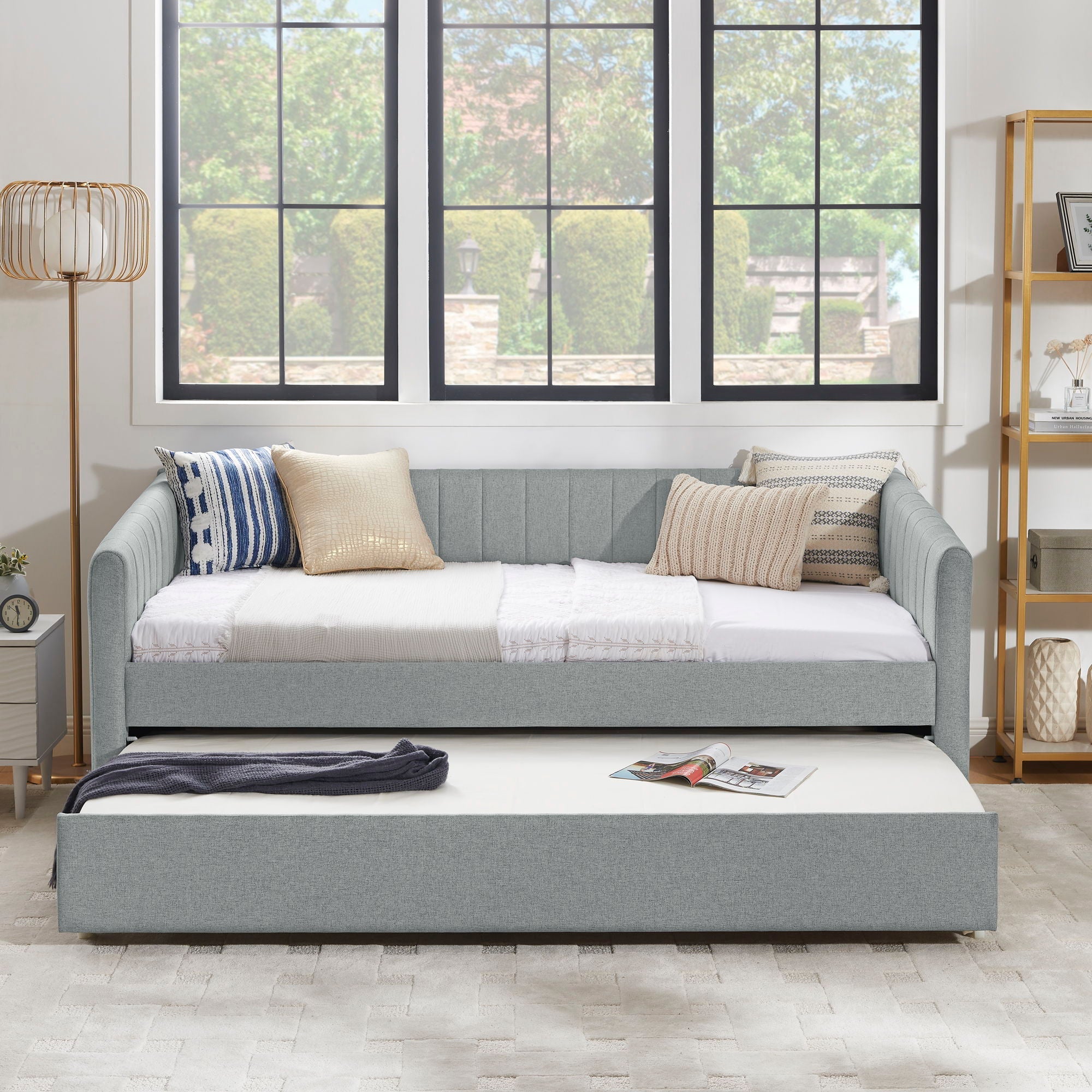 Upholstered Daybed With Trundle With Vertical Stripes