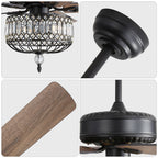Ceiling Fan With Crystal Lampshade, 5 Blades, DC Motor, 6 Speed Remote Control, 1 / 4 / 8 Hour Timer - Black