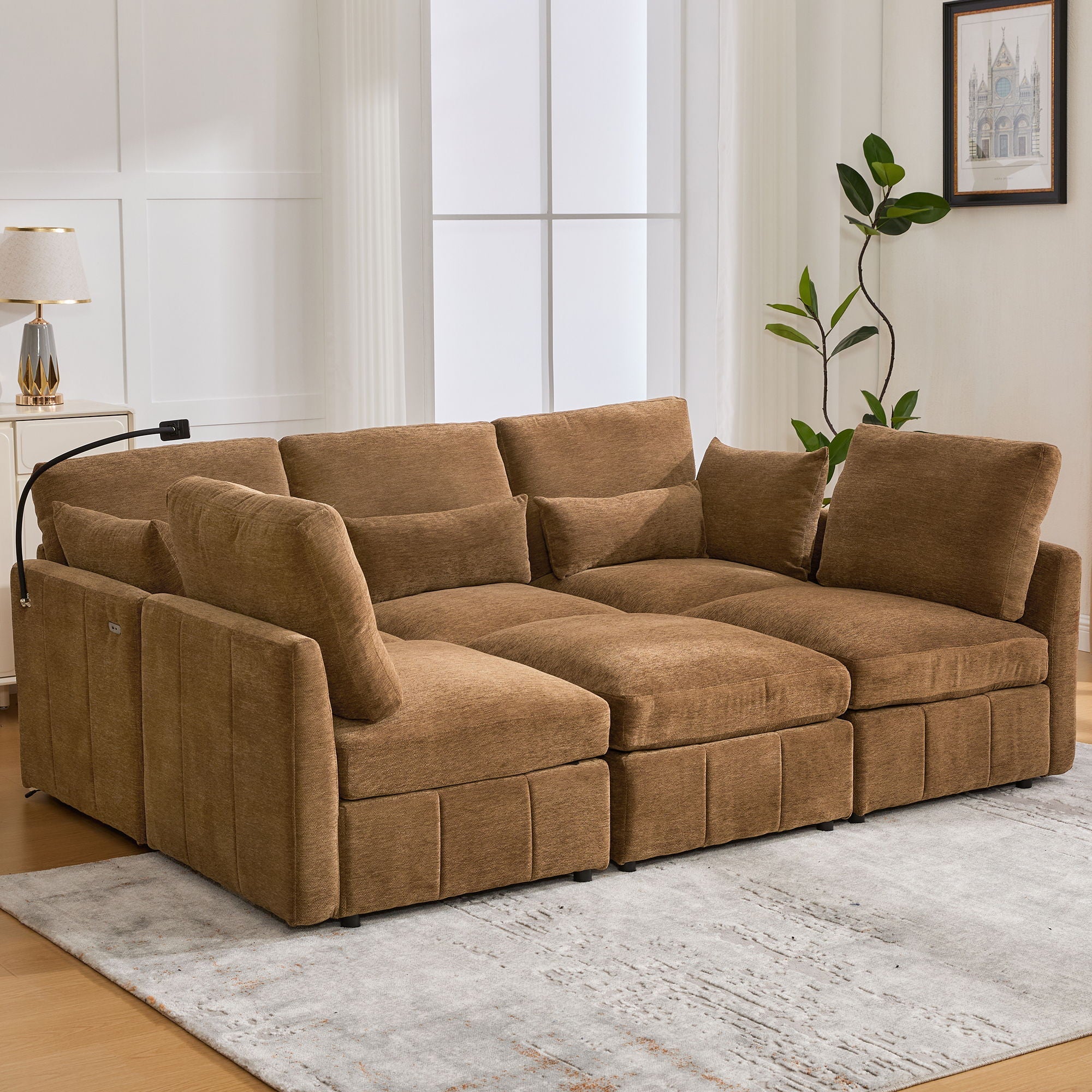 Modern Modular U-Shaped Sofa Bed With Movable Ottoman, USB Ports, Phone Holder