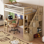 Loft Bed With Built In L Shaped Desk, LED Lights, Storage Shelves, Cabinets, And Staircase
