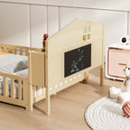Full Size Montessori Floor Bed With Bookcases And boards, Solid Wood Platform Bed With Guard Rails And Storage Headboards - Natural