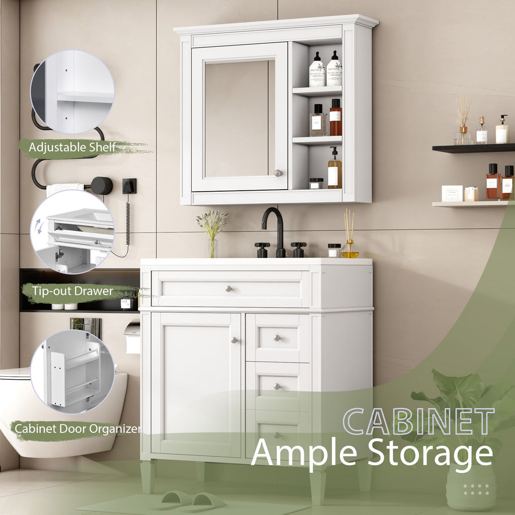 Bathroom Vanity With Top Sink, 2 Doors And 3 Drawers, Freestanding Set With Mirror Cabinet