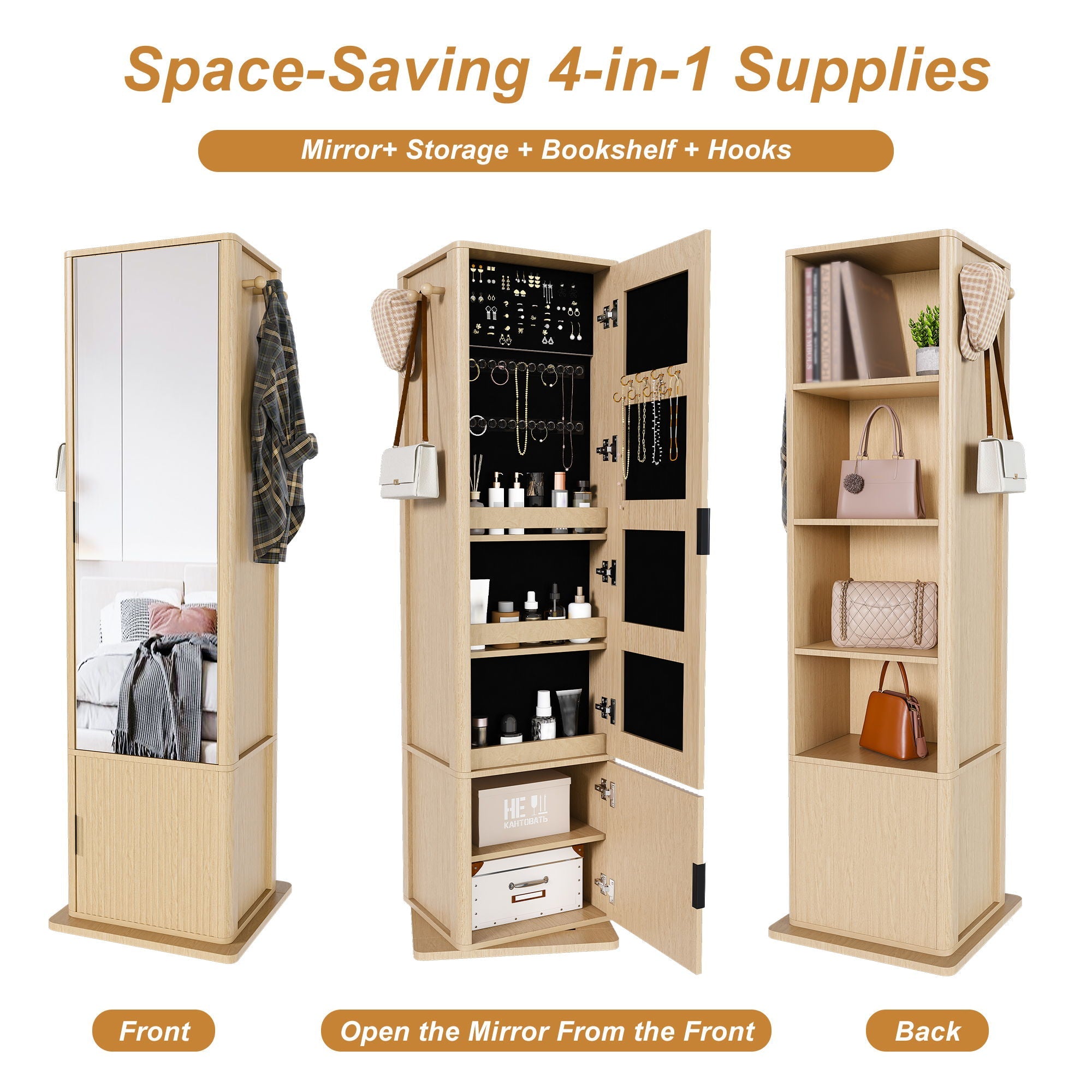 360° Rotating Makeup Cabinet With Full Length Mirror