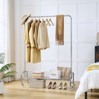 Heavy Duty Iron Garment Rack With Basket On Wheels - Silver