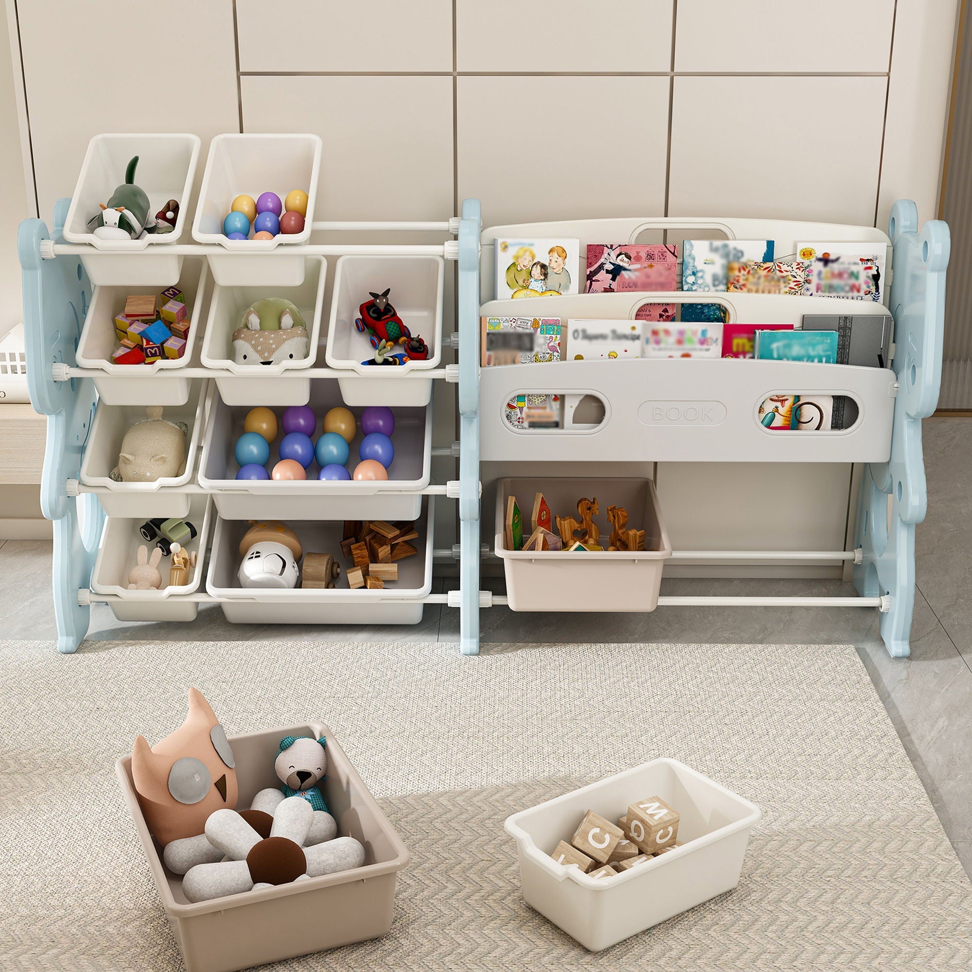 Kids Toy Storage Organizer With 2 Tier Bookshelf, Toy Storage With 12 Bins