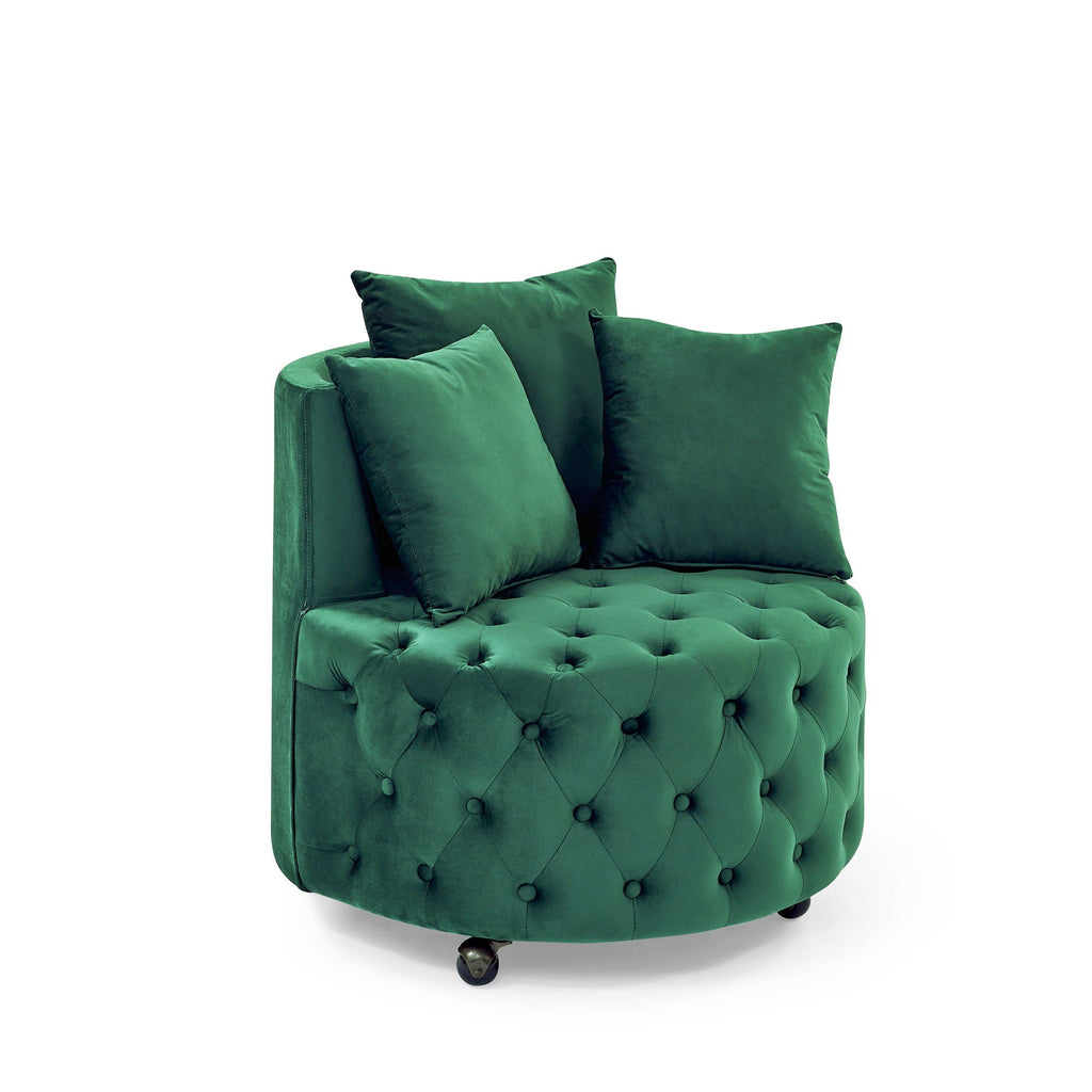 Modern Upholstered Swivel Chair With Button Tufted Design And Movable Wheels