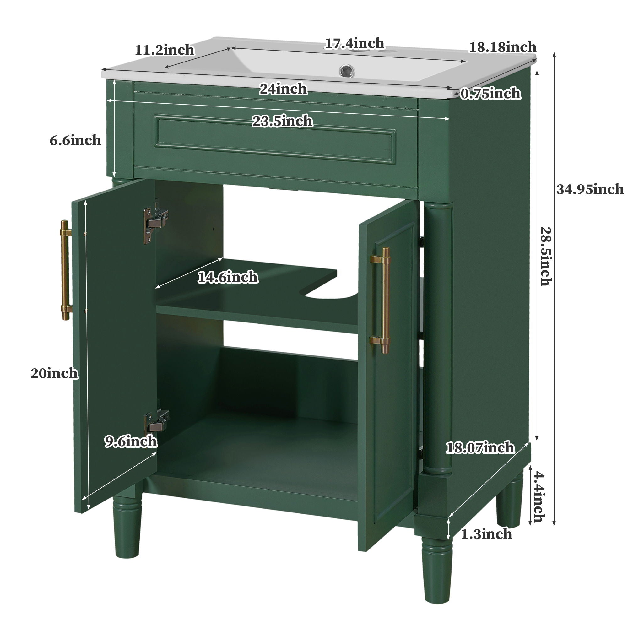 Bathroom Vanity With Integrated Sink, 2 Door Cabinet, Single Sink For Small To Medium Bathrooms