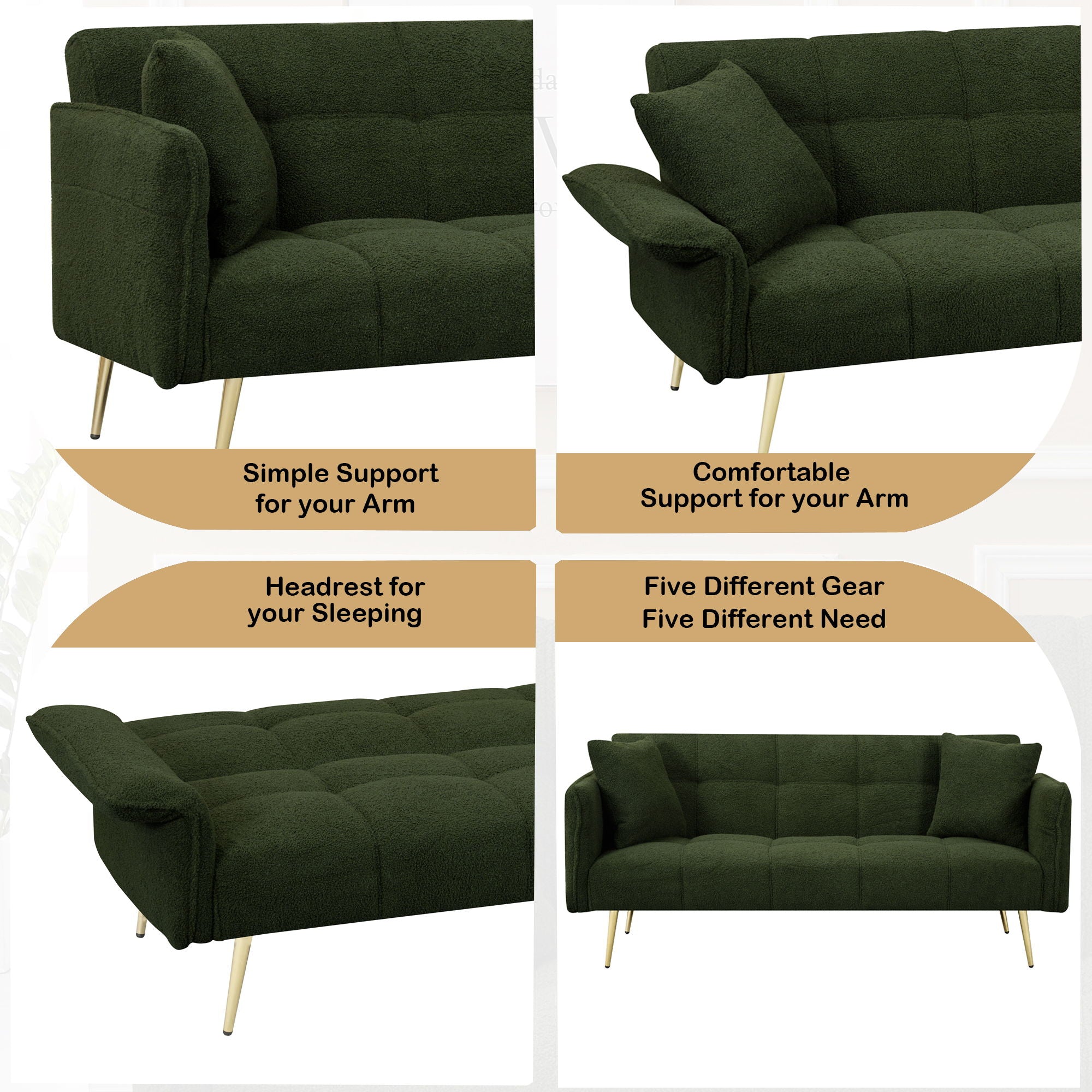 Convertible Double Futon Sofa Bed With Folding Armrests For Living Rooms