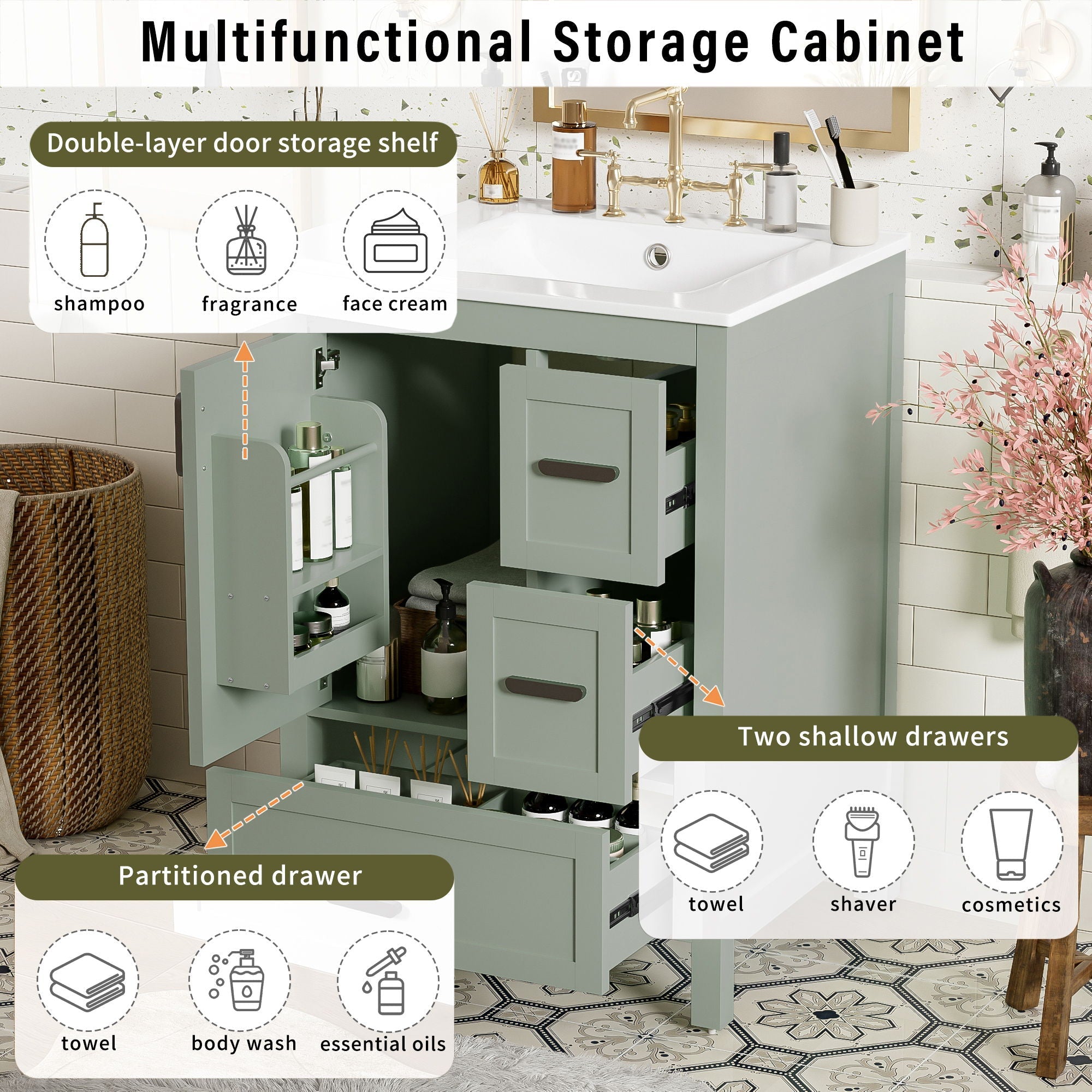 Bathroom Vanity With Sink, Soft-Close Doors, Double-Layer Shelf And 3 Drawers