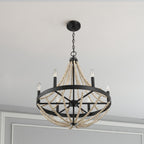 Starry - Chandelier 6 Candle Light Wood Beaded Pendant Light For Dining Room - Black / Clear