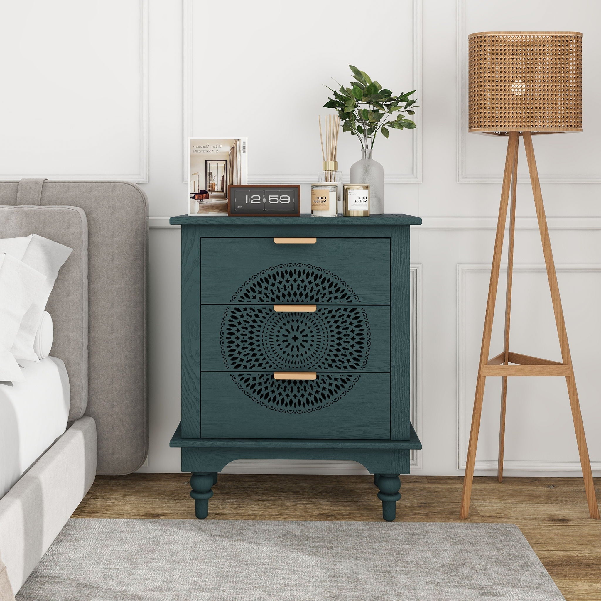 Hollow Carved 3 Drawer Dresser With Metal Handles, Storage Chest For Living Room Or Bedroom - Blackish Green
