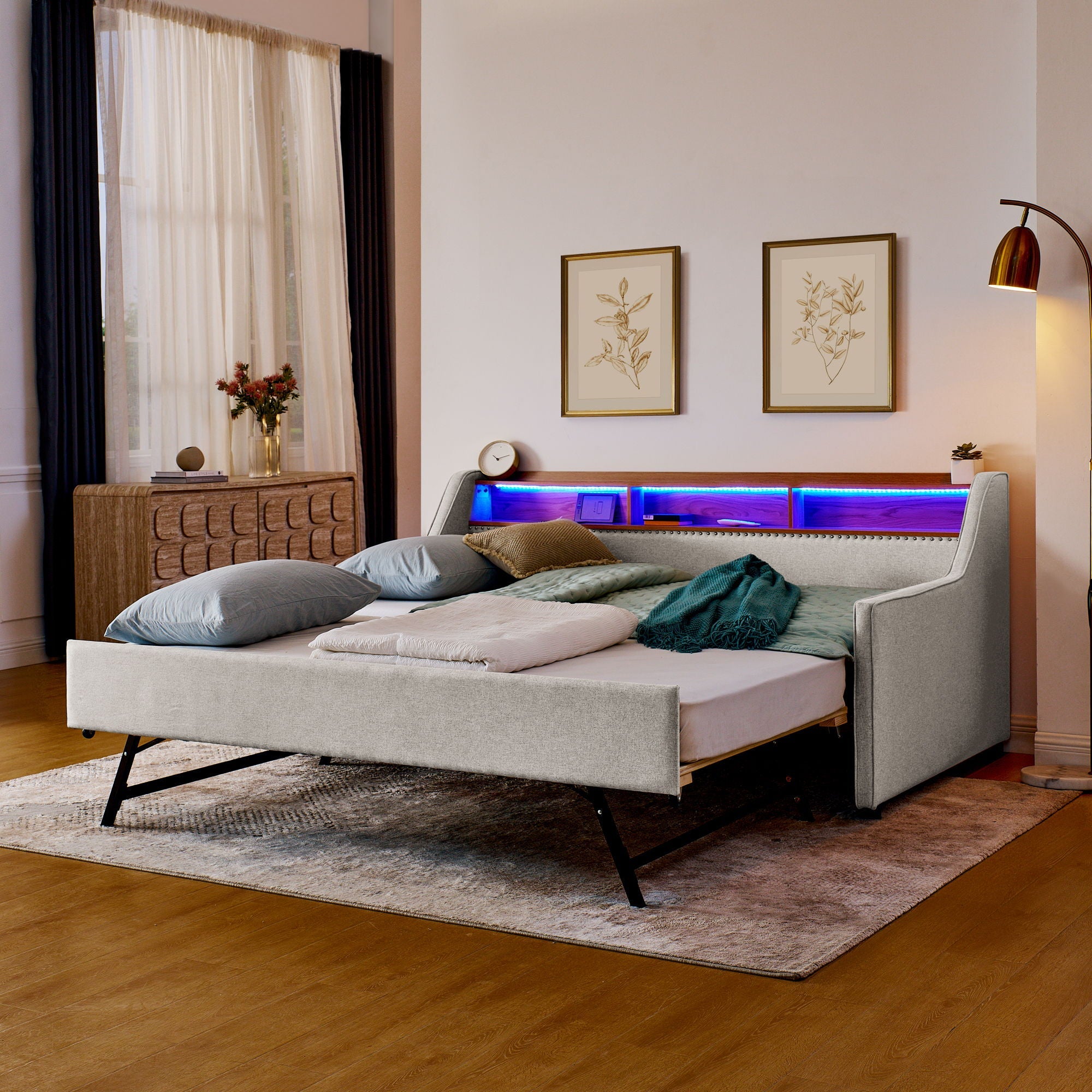 Upholstered Sofa Bed With LED Lights, Storage Headboard, Foldable Trundle & Wireless Charging